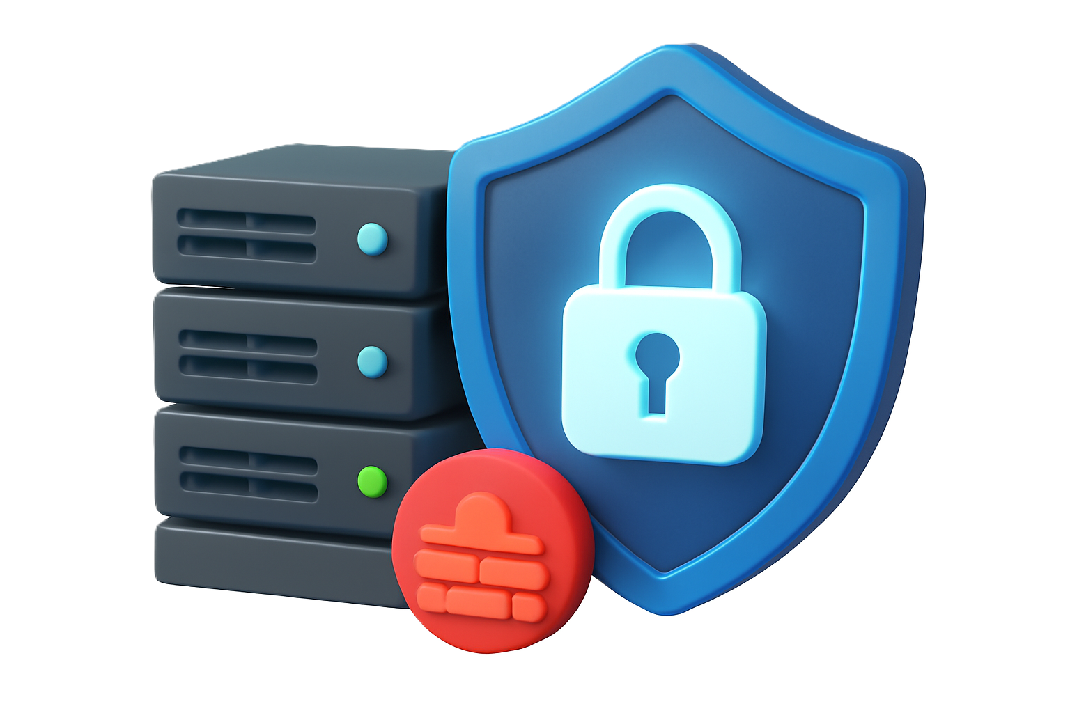cybersecurity shield and secure hosting server illustration